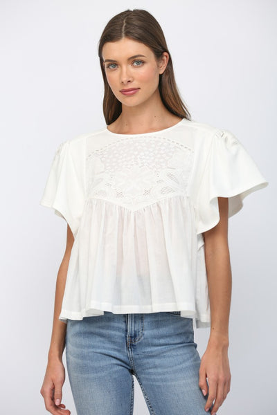 Emb Lace Trimmed Round Neck Sweatshirt Top