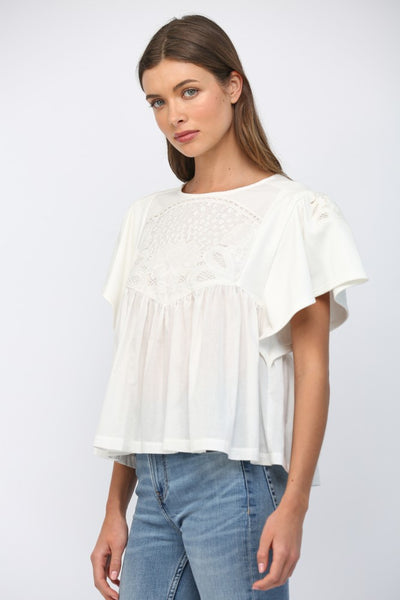 Emb Lace Trimmed Round Neck Sweatshirt Top