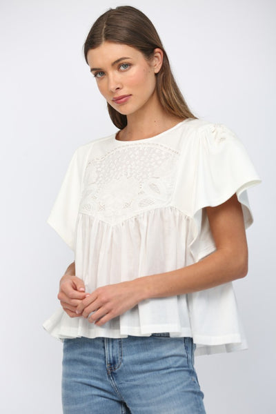 Emb Lace Trimmed Round Neck Sweatshirt Top