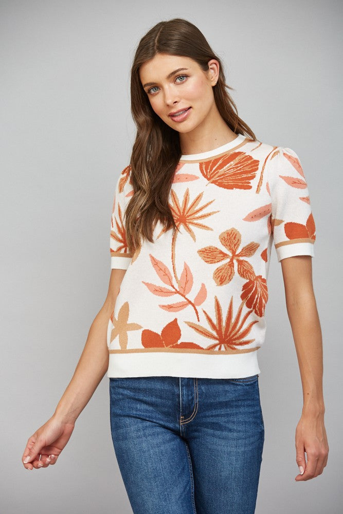 LEAF PATTERN JACQUARD KNIT SHORT SLV SWEATER