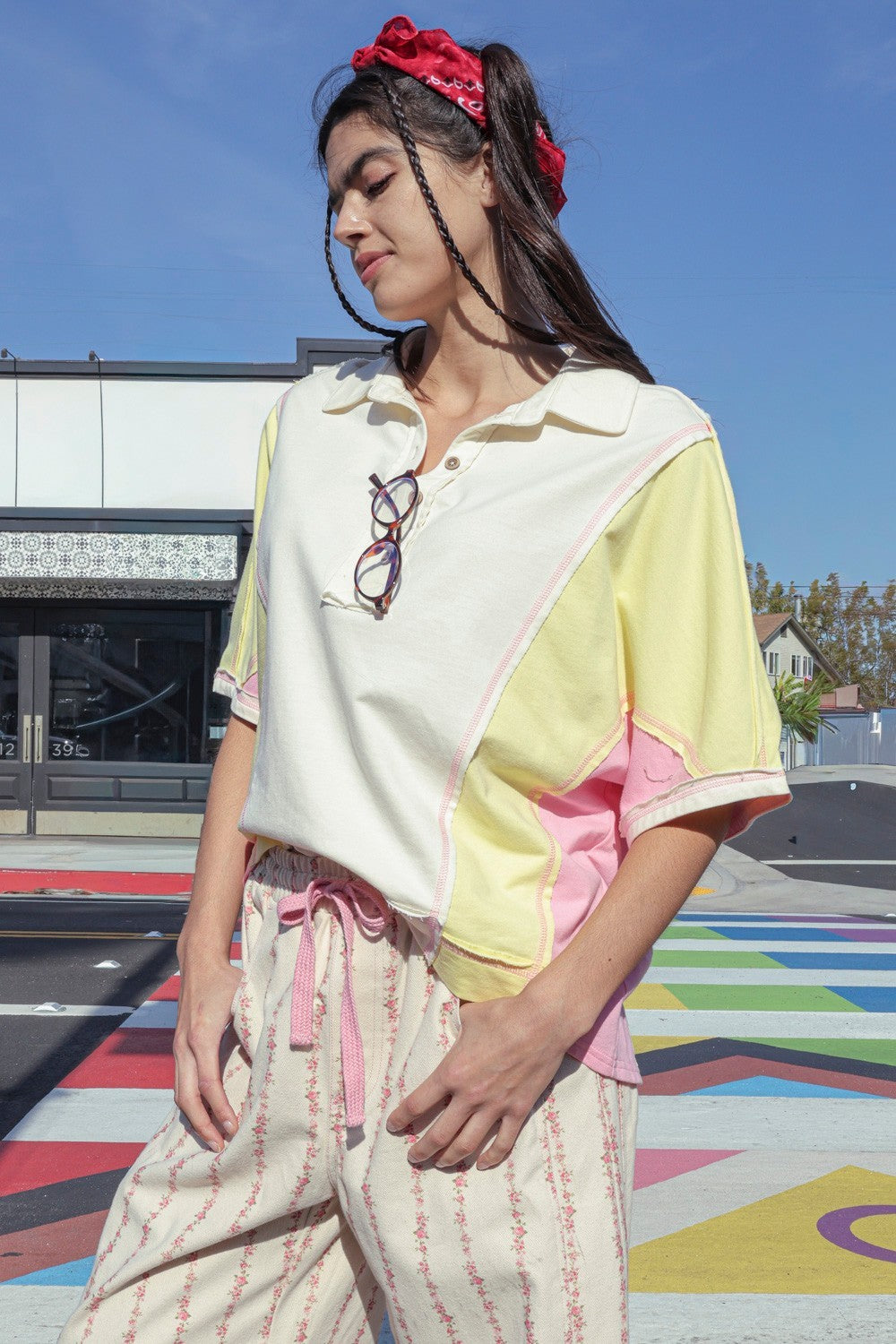 Oversized Dolman Sleeve Color Block Casual Top