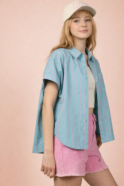 Oversized Striped Button Down Casual Shirt Top