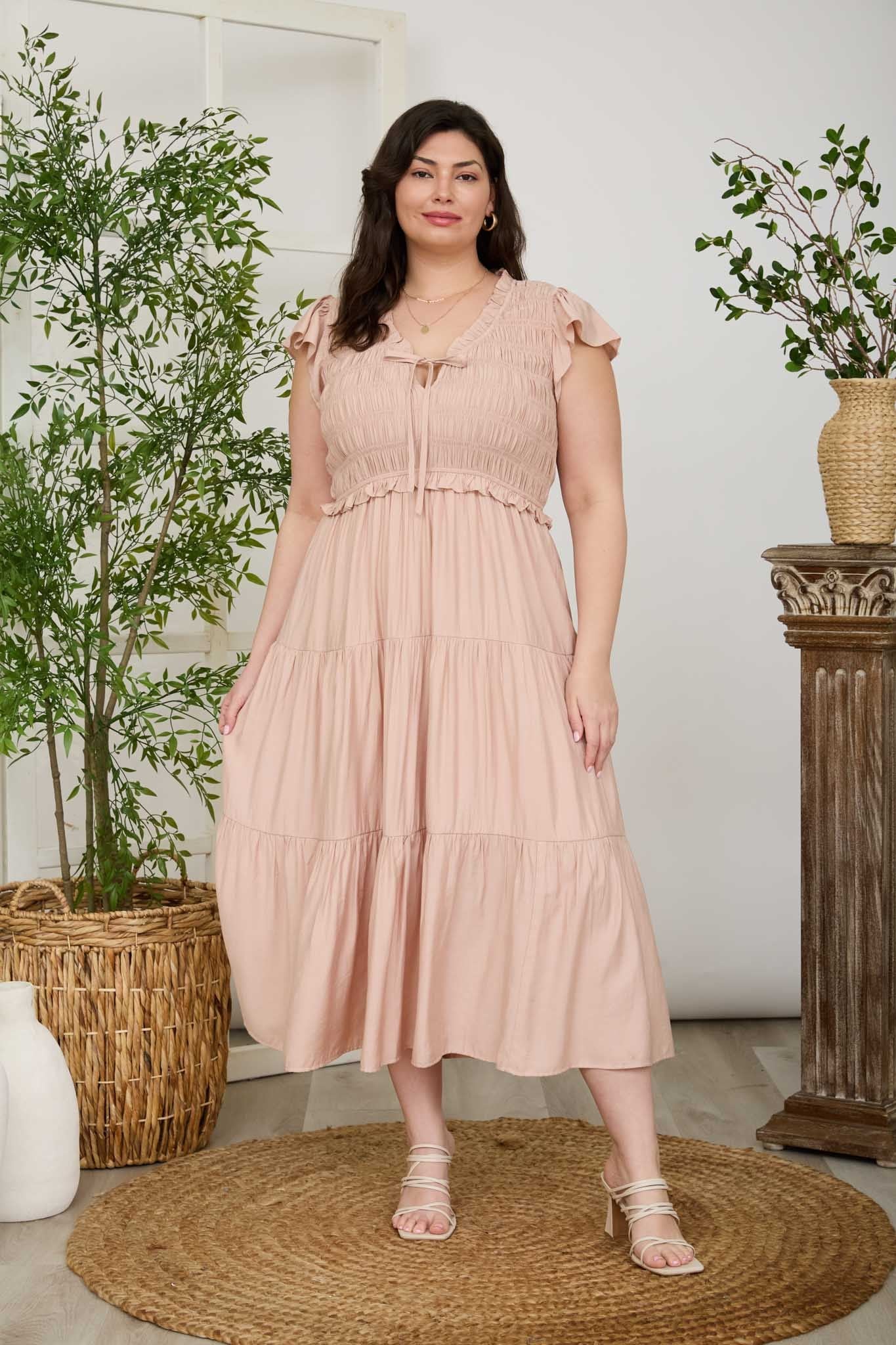 Plus Smocked Front Tie Ruffled Tiered Midi Dress