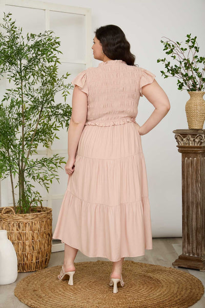 Plus Smocked Front Tie Ruffled Tiered Midi Dress