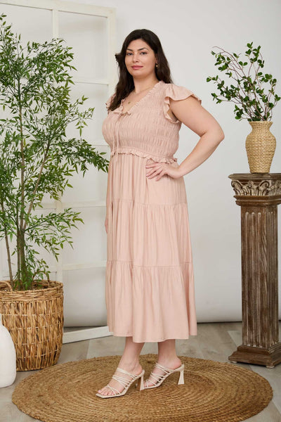 Plus Smocked Front Tie Ruffled Tiered Midi Dress