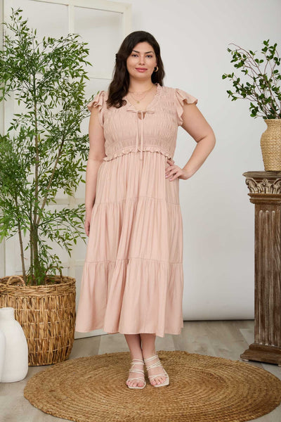 Plus Smocked Front Tie Ruffled Tiered Midi Dress