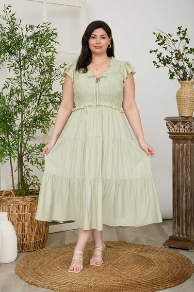 Plus Smocked Front Tie Ruffled Tiered Midi Dress