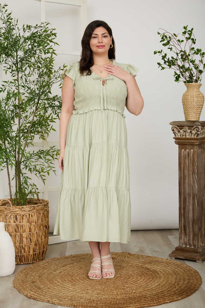 Plus Smocked Front Tie Ruffled Tiered Midi Dress
