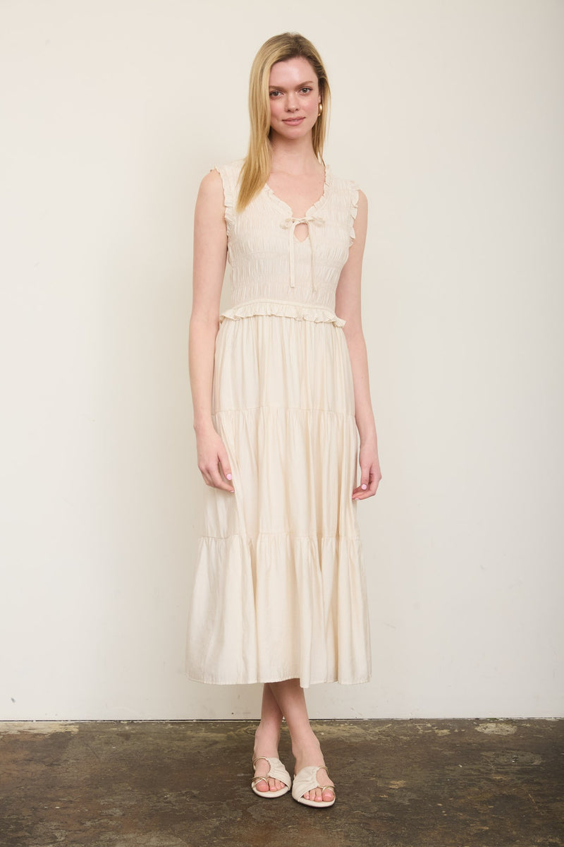 Plus Smocked Front Tie Ruffled Tiered Midi Dress