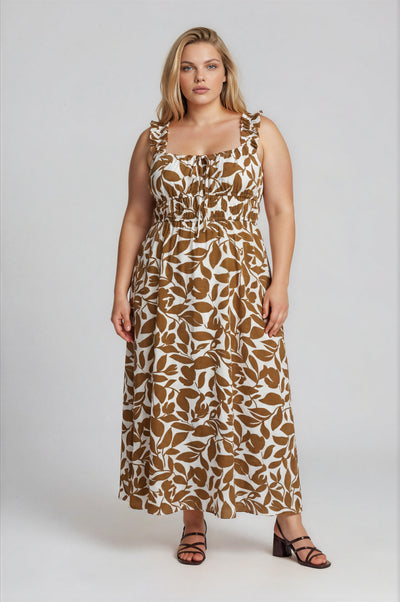 Plus Leaf Print Ruffle Strap Shirred Waist Dress