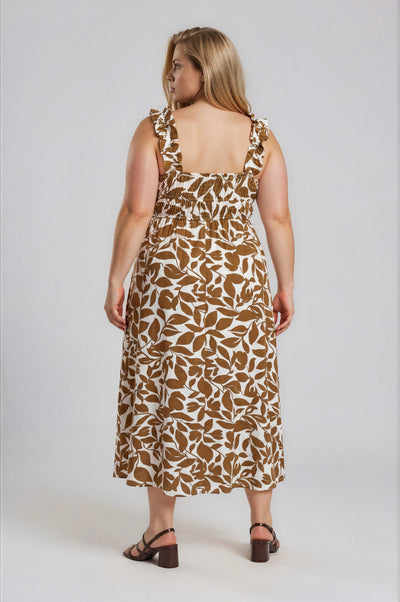 Plus Leaf Print Ruffle Strap Shirred Waist Dress