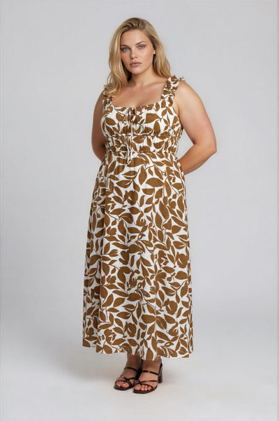 Plus Leaf Print Ruffle Strap Shirred Waist Dress