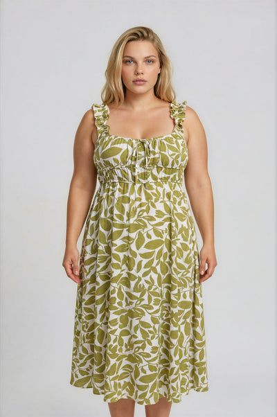 Plus Leaf Print Ruffle Strap Shirred Waist Dress