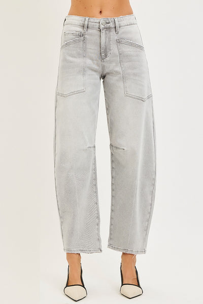 Mid Rise Barrel Leg Jeans With Patch Pocket Detail