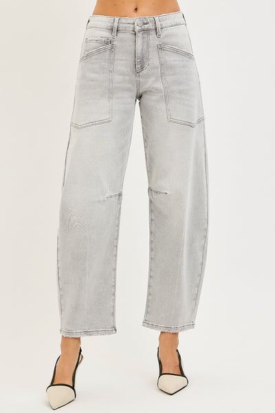 Mid Rise Barrel Leg Jeans With Patch Pocket Detail
