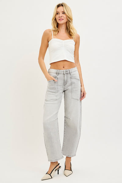 Mid Rise Barrel Leg Jeans With Patch Pocket Detail