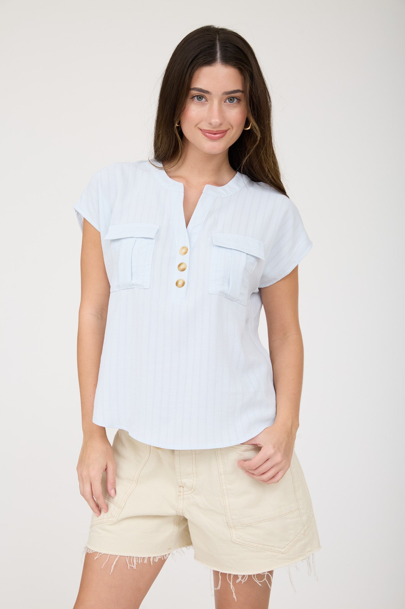 Plus Stripe Pocket Detail Half Button Down Top