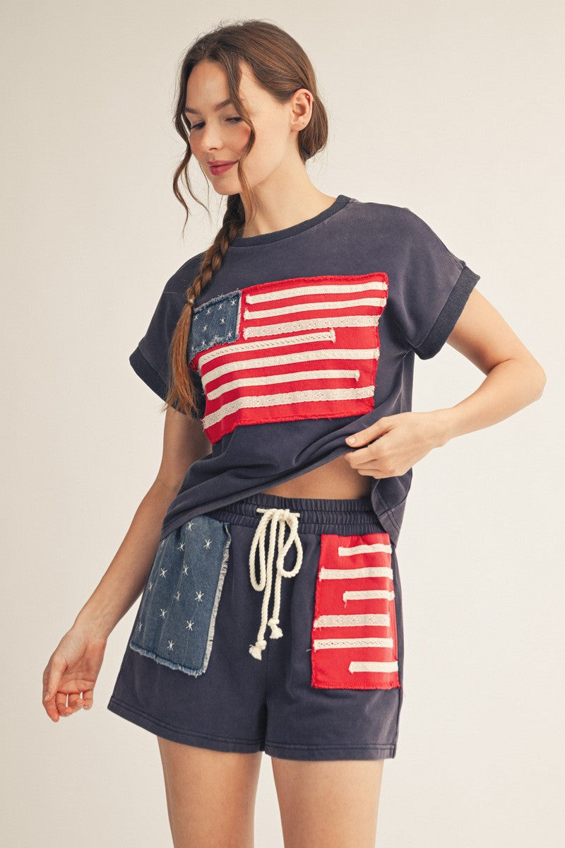 American Flag Patched Washed Casual Top