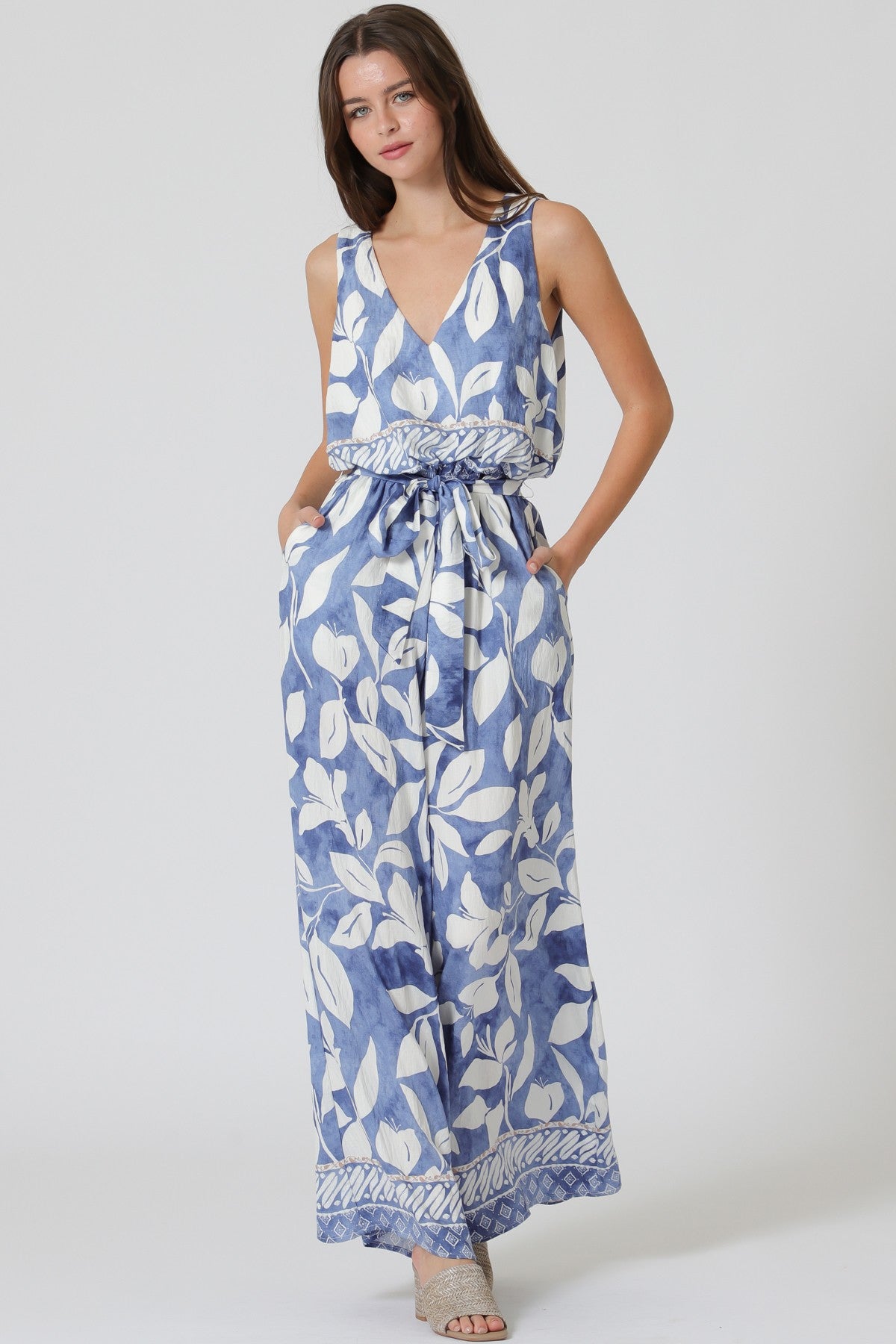 Sleeveless Elastic Waisted Belted Jumpsuit