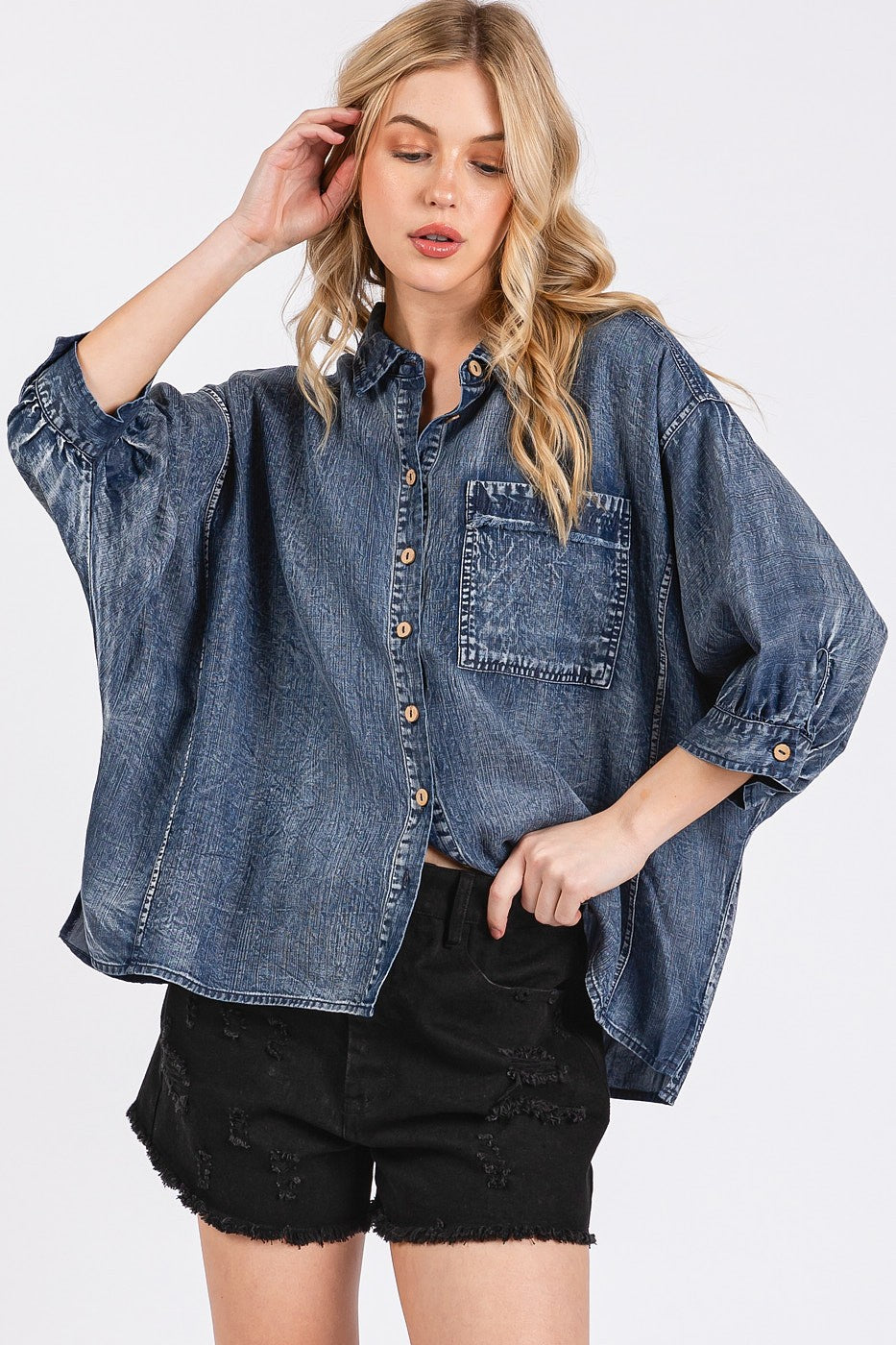 Washed Tencel Chambray Dolman Sleeve Shirt