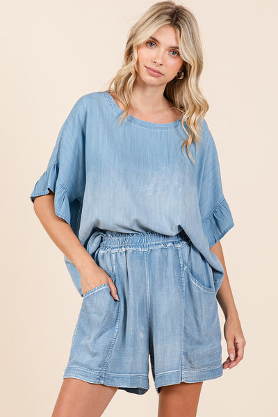 Washed Chambray Elastic Waist Easy Fit Shorts