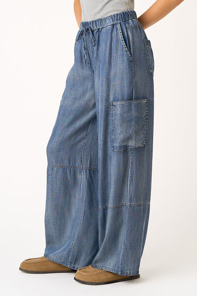 Washed Chambray Elastic Waist Cargo Wide Leg Pants