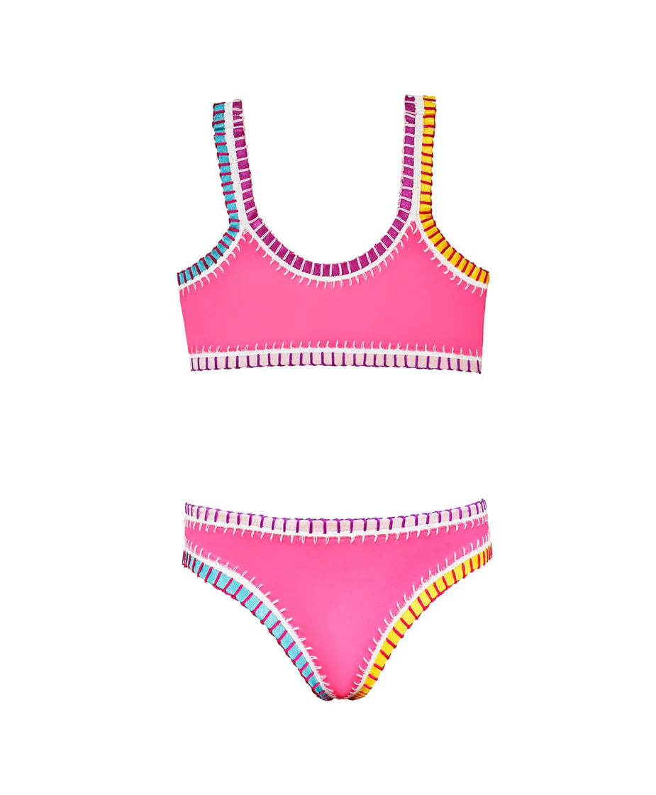 Kids Hot Pink Sporty Rainbow Embroidered Bikini