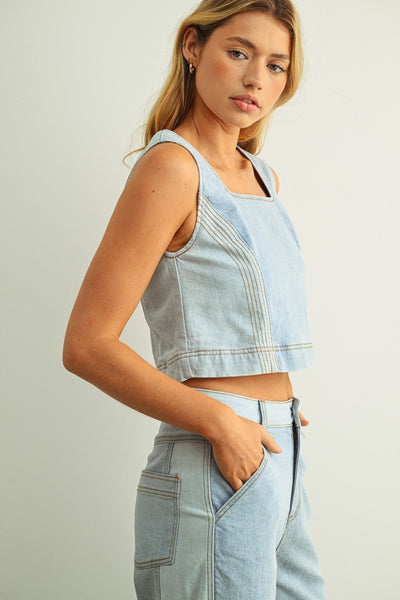 DENIM COLOR BLOCKED SLEEVELESS TOP