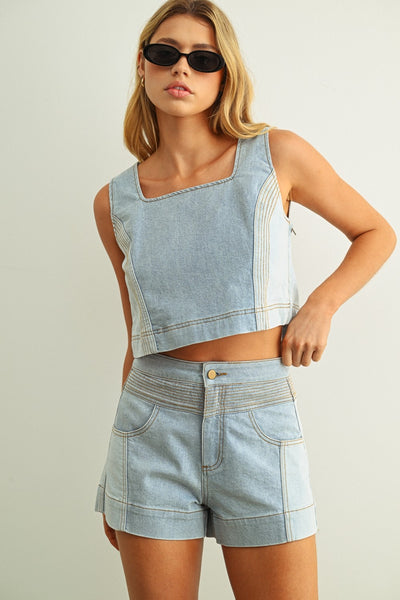 DENIM COLOR BLOCKED SLEEVELESS TOP