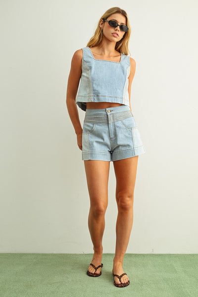 DENIM COLOR BLOCKED SLEEVELESS TOP
