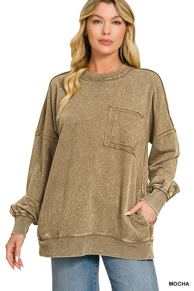 F/Terry Acid Wash Raw Edge Front Pocket Pullover