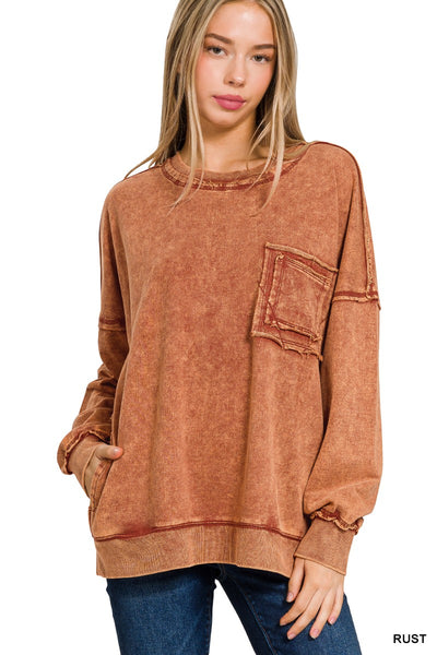 F/Terry Acid Wash Raw Edge Front Pocket Pullover