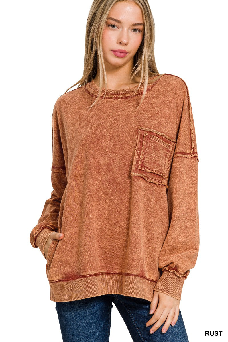 F/Terry Acid Wash Raw Edge Front Pocket Pullover