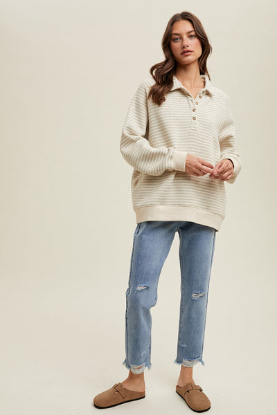 STRIPED BUTTON UP PULLOVER SWEATSHIRT