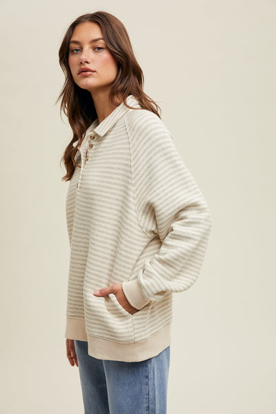 STRIPED BUTTON UP PULLOVER SWEATSHIRT