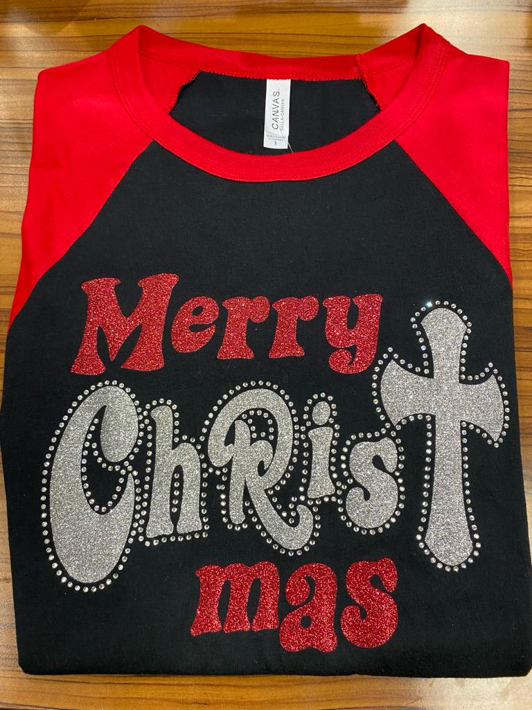 merry christ mas in red silver glitter