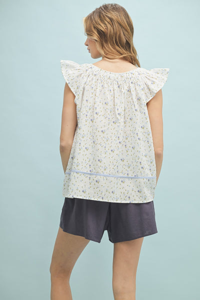 Floral Flutter Sleeve Top With Contrast Trim Detai