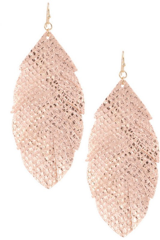 Metallic Faux Leather Feather Earrings