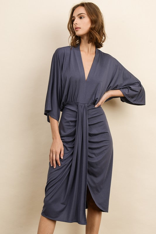 V-Neck Ruched Midi Dress