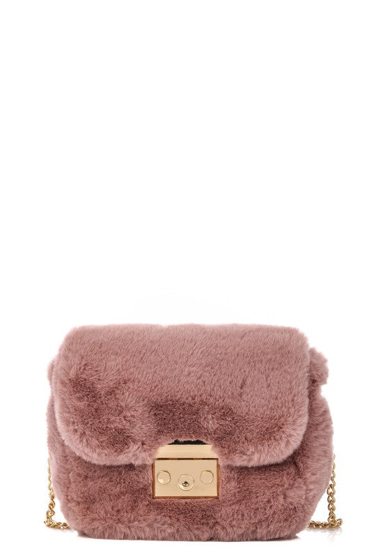 Metallic Lock Faux Fur Clutch Bag