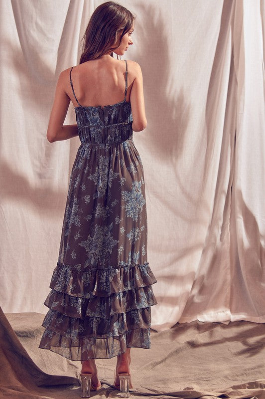 blue and brown dress Thandiwe Navy African Print a notch v BROWN BLUE FLORAL MAXI DRESS