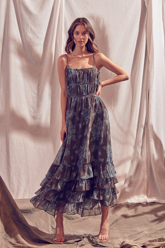 BROWN BLUE FLORAL MAXI DRESS