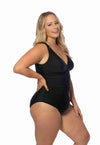 PLUS SOLID V NECK ONE PIECE WITH CENTER SHIRRING
