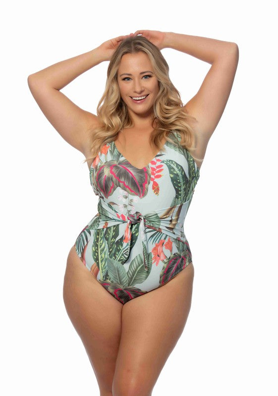 TROPICAL LEAF PRING ONE PIECE PLUS SIZE SWIMSUIT