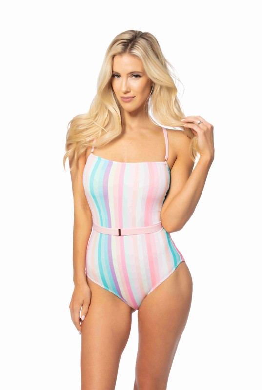 PINK STRIPED BELTED DETAIL ONE PIECE SWIMSUIT