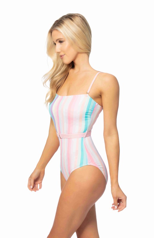 PINK STRIPED BELTED DETAIL ONE PIECE SWIMSUIT