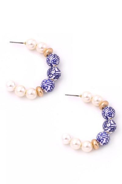 C Hoop Pearl & Blue Bead Earrings