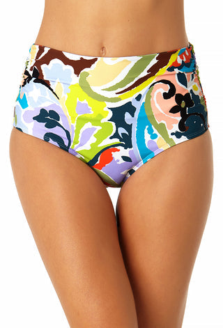 Women's Fold Over High Waist Shirred Bikini Swim Bottoms