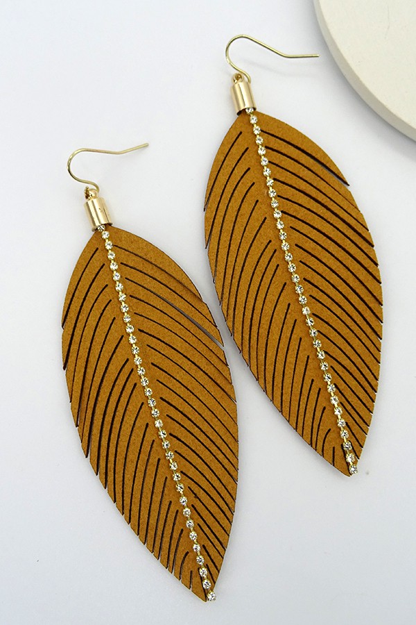 FAUX LEATHER LEAF RHINE DROP EARRINGS