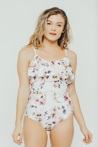 ABSTRACT FLORAL RUFFLE ONE PIECE SWIMSUIT